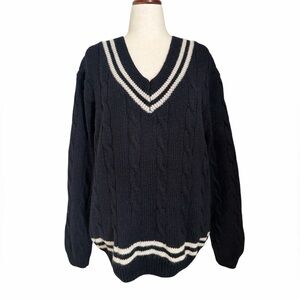 Brandy Melville Wool Cable Knit Varsity Collegiate V-Neck Sweater Navy White